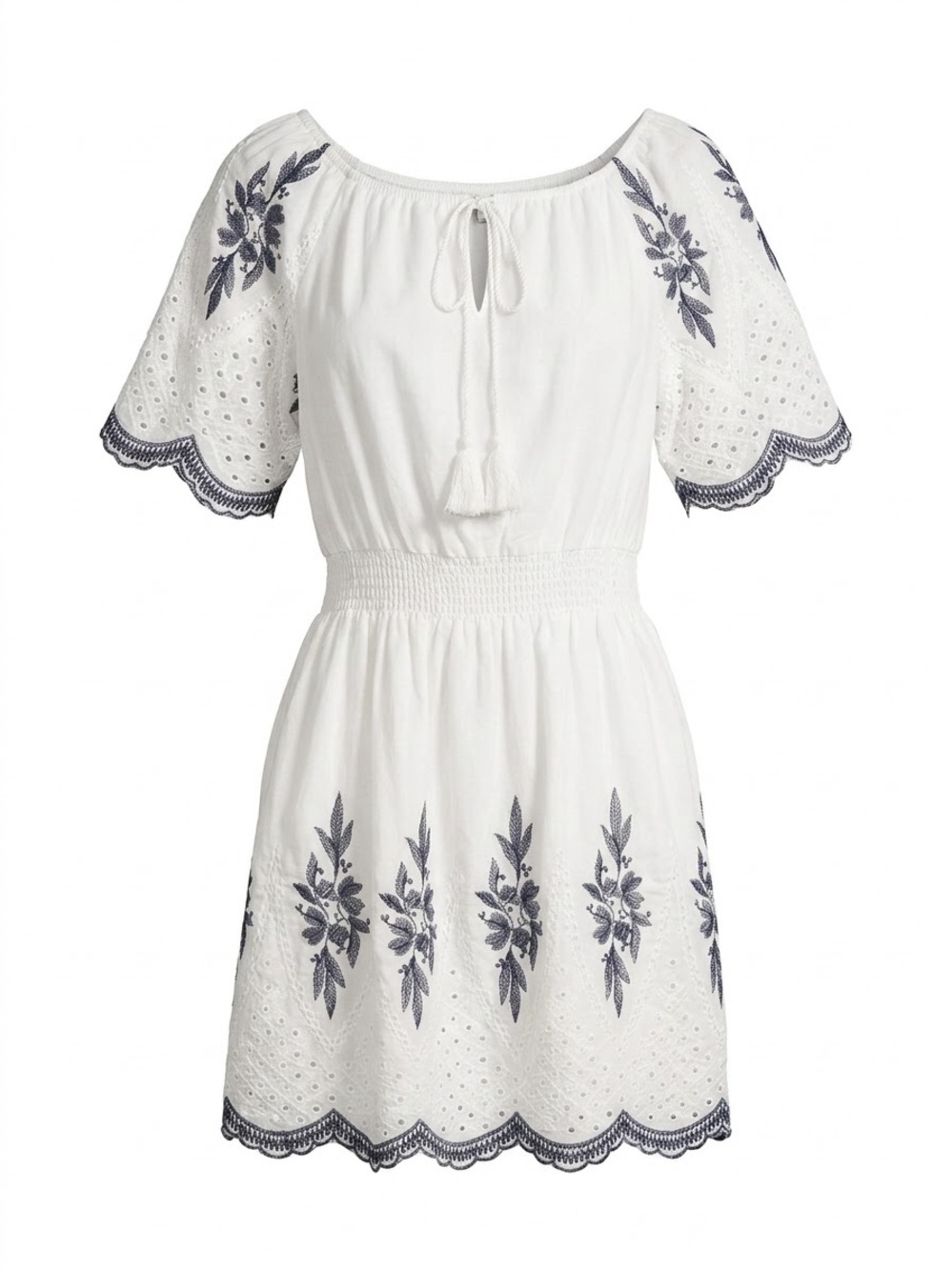 White Embroidered Short Peasant Dress with Navy Floral Accents